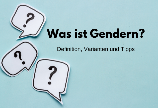 blauer Hintergrund, Sprechblasen mit Fragezeichen, Schrift "Was ist Gendern?"